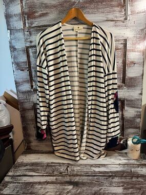 Striped Open-Front Cardigan with Floral Cuff - Navy & White